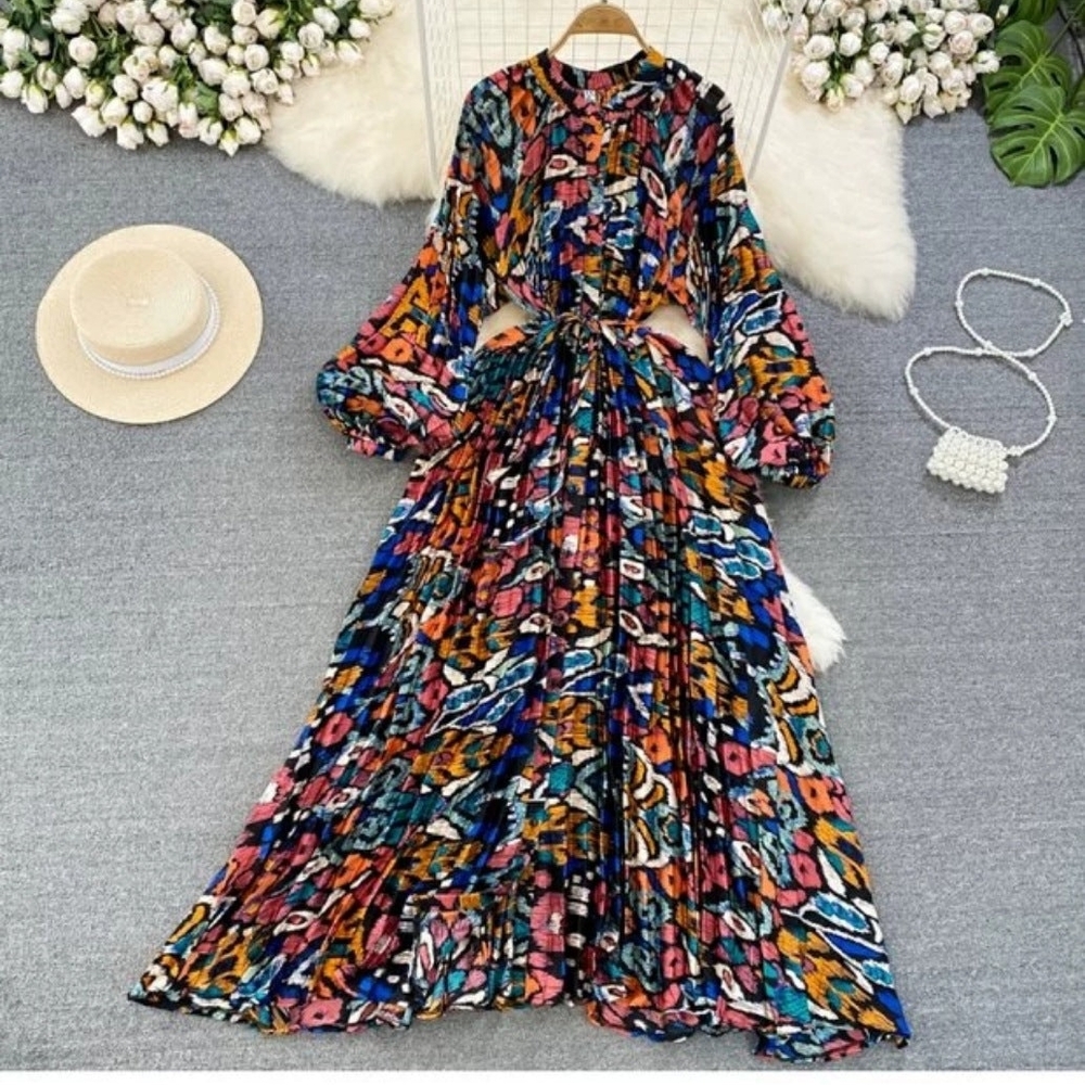 Classy and Elegant Multicolor Floral Maxi Lantern Sleeve Dress XL - Picture 2 of 2